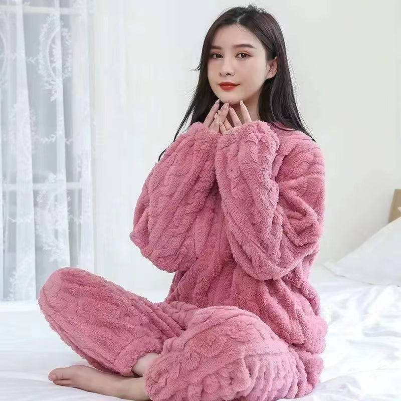 Thickened Warm Autumn and Winter Flannel Pajamas Women Long-Sleeved Solid Striped Homewear Black plus Size School Loungewear