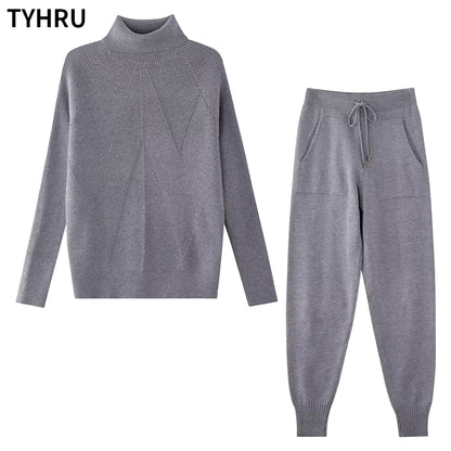 Autumn Winter Women'S Tracksuit Solid Color Striped Turtleneck Sweater and Elastic Trousers Suits Knitted Two Piece Set