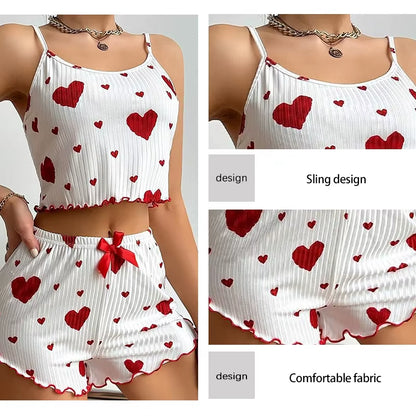 Women'S Pajamas Set Sleepwear 2 PCS Short Tank Tops and Shorts S M L White Ventilate Soft Casual Love Printing