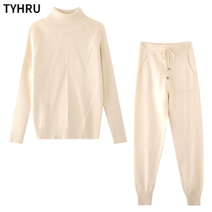 Autumn Winter Women'S Tracksuit Solid Color Striped Turtleneck Sweater and Elastic Trousers Suits Knitted Two Piece Set