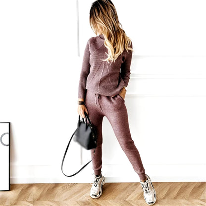 Autumn Winter Women'S Tracksuit Solid Color Striped Turtleneck Sweater and Elastic Trousers Suits Knitted Two Piece Set