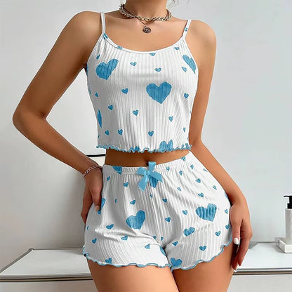 Women'S Pajamas Set Sleepwear 2 PCS Short Tank Tops and Shorts S M L White Ventilate Soft Casual Love Printing