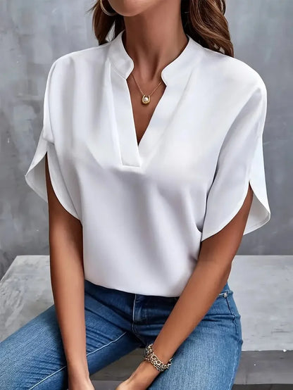 Summer Elegant Women'S Blouse New V-Neck Short Sleeve Solid Color Loose Shirt Casual White Tops Office Lady Blouses