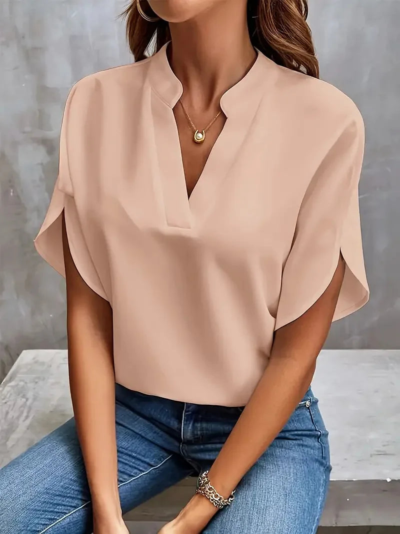 Summer Elegant Women'S Blouse New V-Neck Short Sleeve Solid Color Loose Shirt Casual White Tops Office Lady Blouses