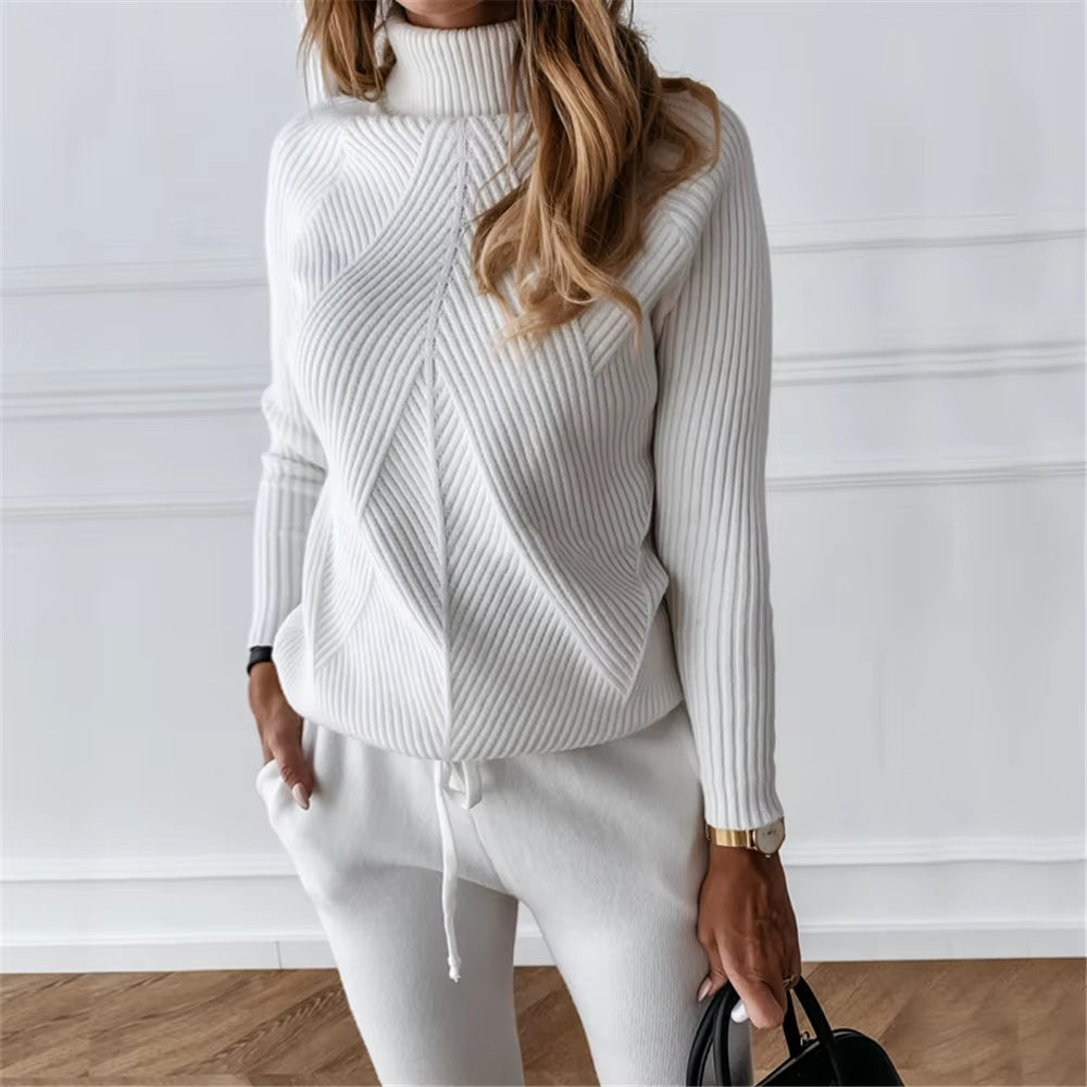 Autumn Winter Women'S Tracksuit Solid Color Striped Turtleneck Sweater and Elastic Trousers Suits Knitted Two Piece Set