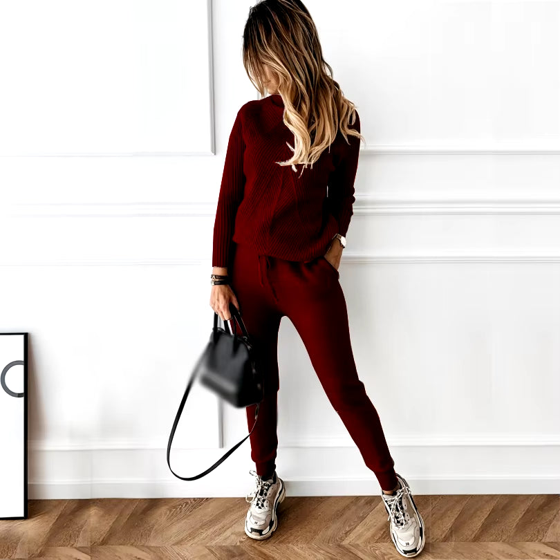 Autumn Winter Women'S Tracksuit Solid Color Striped Turtleneck Sweater and Elastic Trousers Suits Knitted Two Piece Set