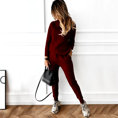 Autumn Winter Women'S Tracksuit Solid Color Striped Turtleneck Sweater and Elastic Trousers Suits Knitted Two Piece Set