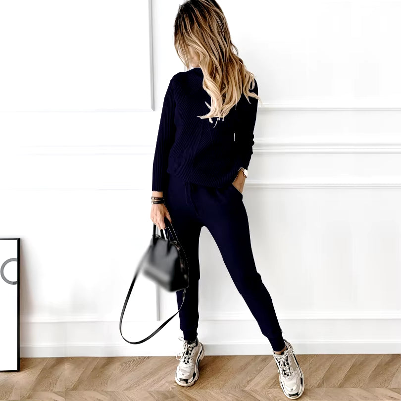 Autumn Winter Women'S Tracksuit Solid Color Striped Turtleneck Sweater and Elastic Trousers Suits Knitted Two Piece Set