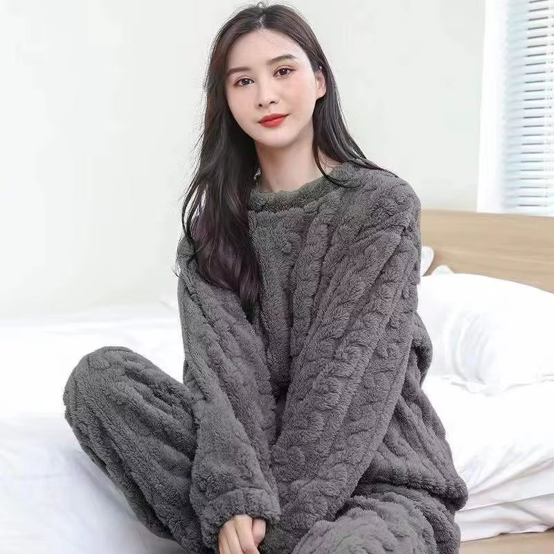 Thickened Warm Autumn and Winter Flannel Pajamas Women Long-Sleeved Solid Striped Homewear Black plus Size School Loungewear