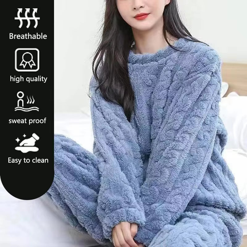 Thickened Warm Autumn and Winter Flannel Pajamas Women Long-Sleeved Solid Striped Homewear Black plus Size School Loungewear