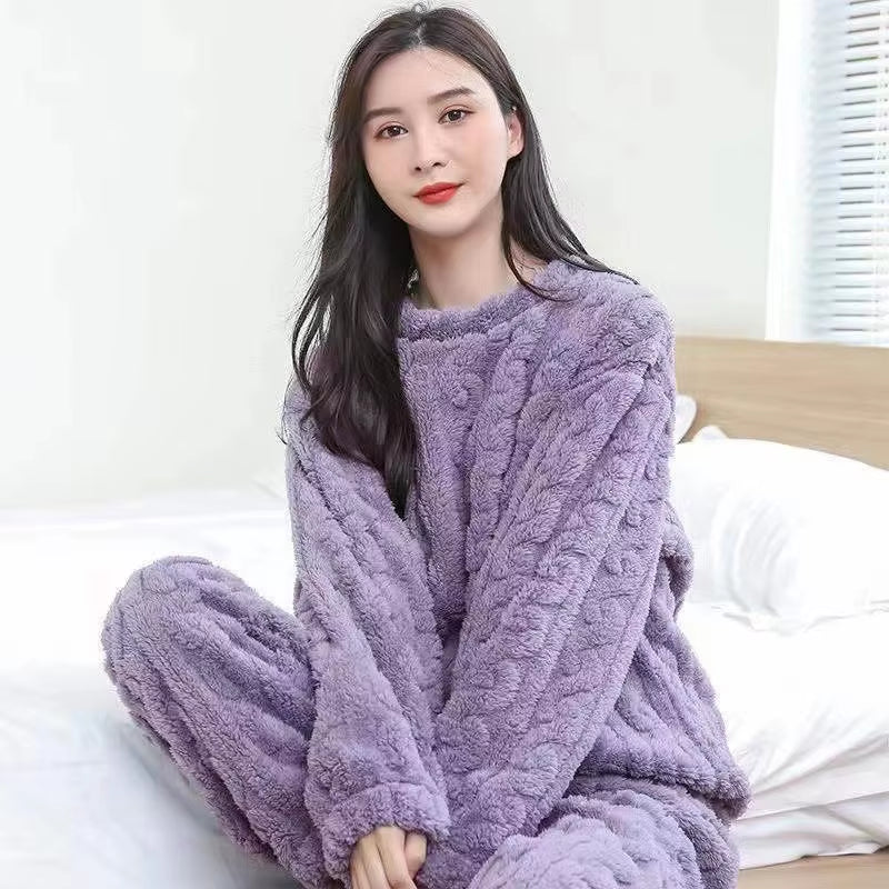 Thickened Warm Autumn and Winter Flannel Pajamas Women Long-Sleeved Solid Striped Homewear Black plus Size School Loungewear