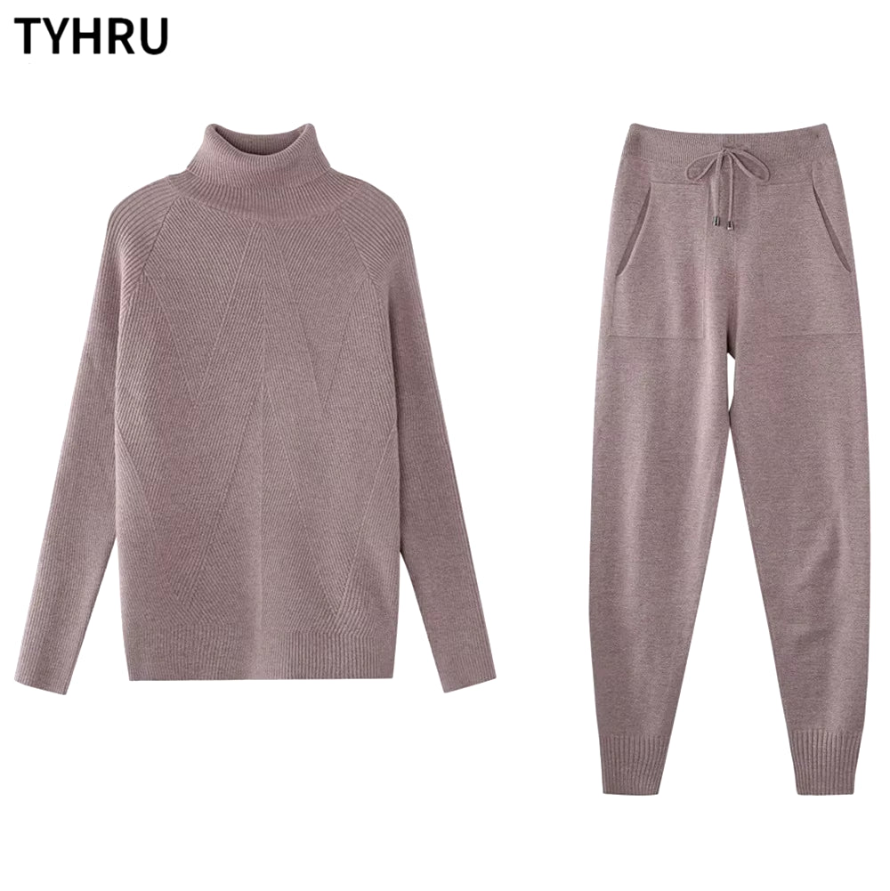 Autumn Winter Women'S Tracksuit Solid Color Striped Turtleneck Sweater and Elastic Trousers Suits Knitted Two Piece Set