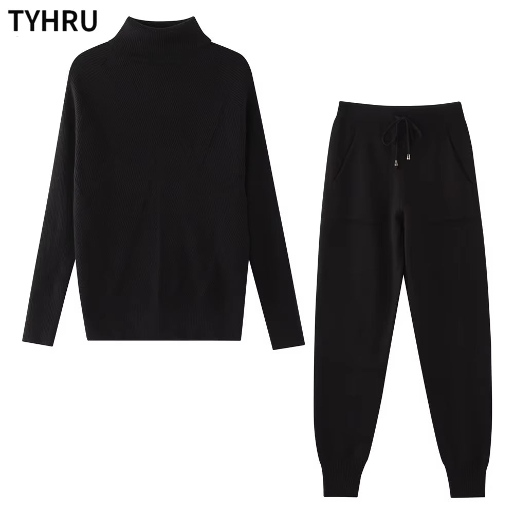 Autumn Winter Women'S Tracksuit Solid Color Striped Turtleneck Sweater and Elastic Trousers Suits Knitted Two Piece Set