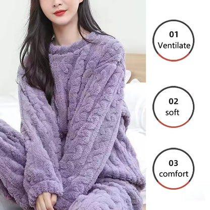 Thickened Warm Autumn and Winter Flannel Pajamas Women Long-Sleeved Solid Striped Homewear Black plus Size School Loungewear