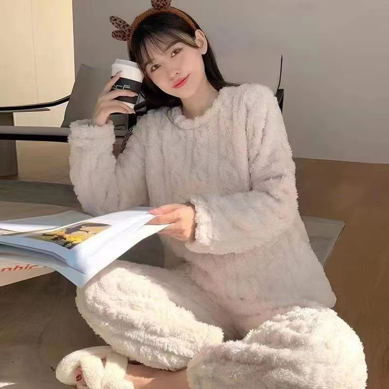 Thickened Warm Autumn and Winter Flannel Pajamas Women Long-Sleeved Solid Striped Homewear Black plus Size School Loungewear